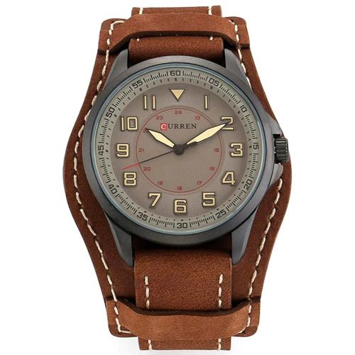 Curren Nouvelle Mode Hommes Mouvement À Quartz Bracelet En Cuir Montre-Bracelet Analogique (Boîtier Noir + Cadran Café)