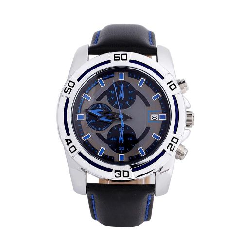 Hommes Analogique Quartz Pu Bande Date Chronographe Sport Montre-Bracelet Ronde Montre-Bracelet (Bleu)