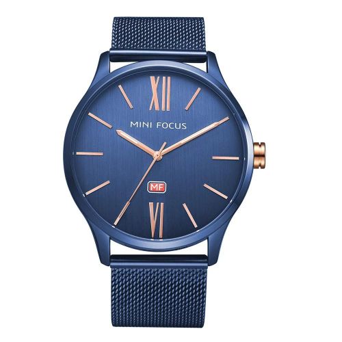 Mini Focus Élégant Simple Affaires Hommes Pochoir Bracelet Étanche Analogique Quartz Montre-Bracelet (Bleu)