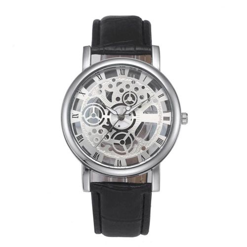Montre Non Mécanique À Cadran En Chiffres Romains Creux Avec Bracelet En Cuir Pu (Noir Blanc)