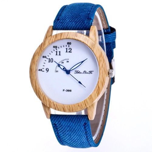 Zhoulianfa Chronographe Quartz Vintage Craft Denim Bracelet En Cuir Montre Couple En Bois (Bleu Royal)