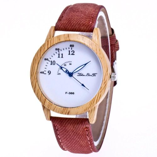 Zhoulianfa Chronographe Quartz Vintage Artisanat Denim Bracelet En Cuir Bois Montre Couple (Brun Foncé)
