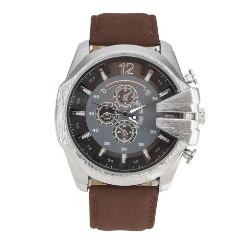 Cay Fashionable Men Mâle Analogique Quartz Watch Pu Band Montre-Bracelet Ronde (Cadran Noir Café Bande)
