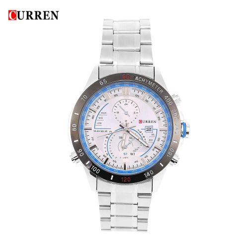 Curren Hommes Analogique Quartz Rond Montre Date Acier Inoxydable Bracelet Montre-Bracelet (Cadran Blanc)