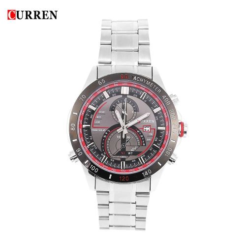 Curren Analogique Quartz Rond Montre Date Acier Inoxydable Bracelet Montre-Bracelet (Cadran Noir Aiguille Argentée)