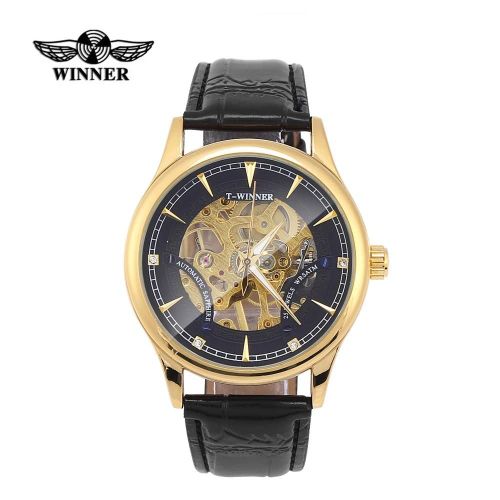 Winner Montre Mécanique À Remontage Manuel Mâle Montre-Bracelet À Bande Pu Évidée (Boîtier En Or,Bracelet Noir)