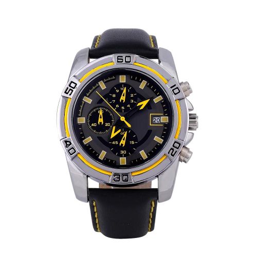 Hommes Analogique Quartz Pu Bande Date Chronographe Sport Montre-Bracelet Ronde (Jaune)