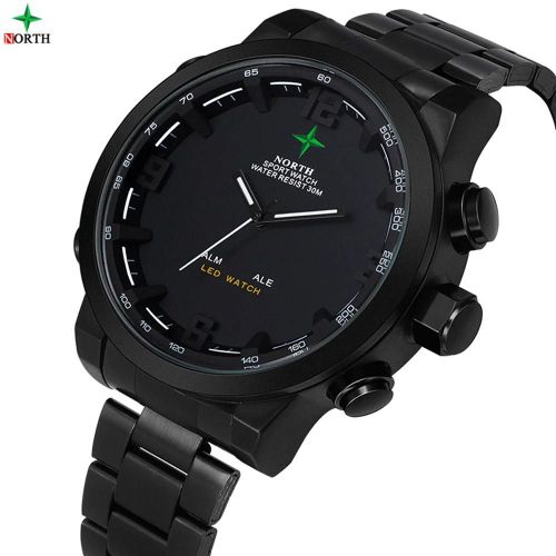 Sport Numérique Analogique Montre Hommes Mâle Étanche Led Quartz Montre-Bracelet Blanc Aiguilles Noir Cadran