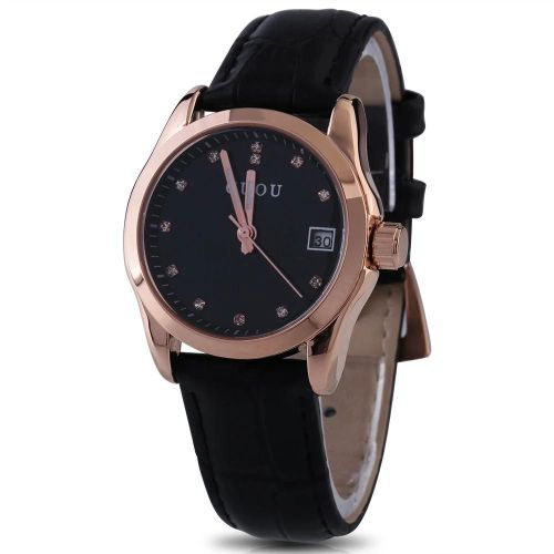 Guou Femelle Quartz Analogique Rond Bracelet En Cuir Date Montre Montre-Bracelet (Noir)