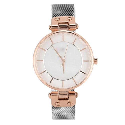 Mode Femme Bracelet En Acier Montre Étanche Cadran Rond Quartz Casual Montrerose Rouge Boîtier Blanc