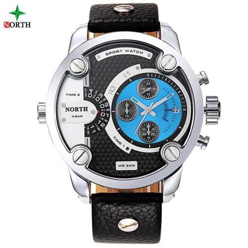 Hommes Mâle Analogique Rond Quartz Montre Électronique Bracelet En Cuir Date Affichage Montre-Bracelet Cadran Bleu