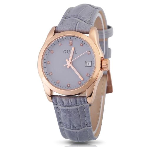Guou Femelle Quartz Analogique Rond En Cuir Bracelet Date Montre Bracelet (Gris)