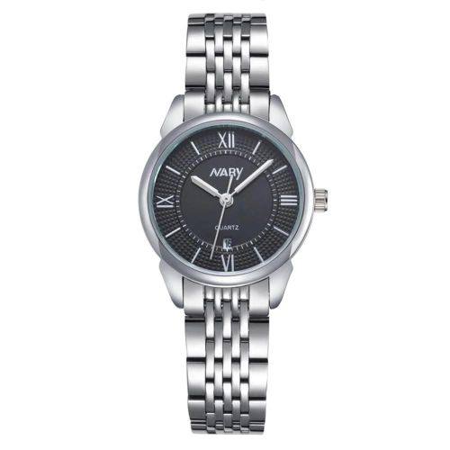Nary Étanche Chiffres Romains Cadran Acier Inoxydable Bracelet Couple Montre (Noir Blanc Pour Femme)