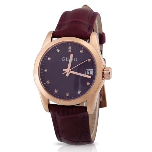 Guou Femelle Quartz Analogique Rond Bracelet En Cuir Date Montre Montre-Bracelet (Violet)
