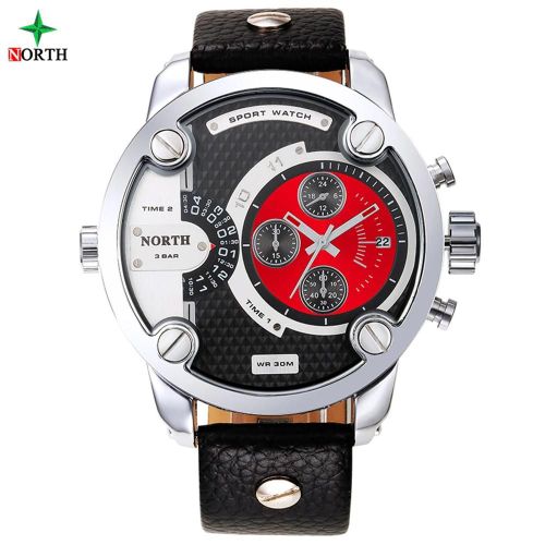 Hommes Mâle Analogique Rond Quartz Montre Électronique Bracelet En Cuir Date Affichage Montre-Bracelet Cadran Rouge
