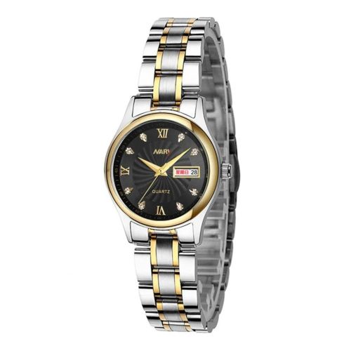 Nary Étanche Chiffres Romains Calendrier Cadran Acier Bracelet Couple Montre (Noir Pour Femme)