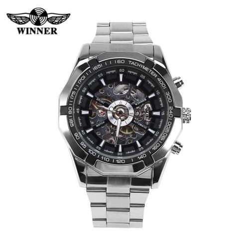 Winner Mâle Automatique Montre Mécanique Évidé Bracelet En Acier Inoxydable Montre-Bracelet Mouvement Argent