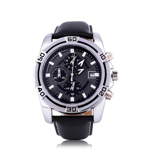 Hommes Analogique Quartz Pu Bande Date Chronographe Sport Montre-Bracelet Ronde Montre-Bracelet (Argent)