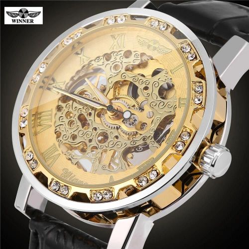 Winner Mâle Automatique Montre Mécanique Évidé Bracelet En Cuir Pu Montre-Bracelet Cadran Doré