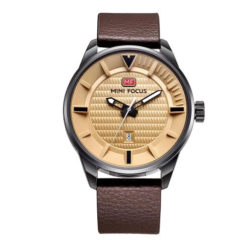 Mini Focus Hommes Casual Analogique Étanche Bracelet En Cuir Montre Quartz Montre-Bracelet (Jaune + Marron)