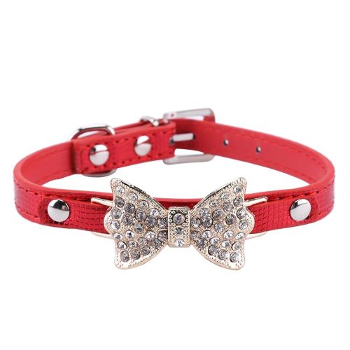 Collier Pour Chiot Pour Animaux De Compagnie Réglable En Cuir Pu Avec Motif Bowknot En Cristal Accessoires Pour Chiens Rouge M