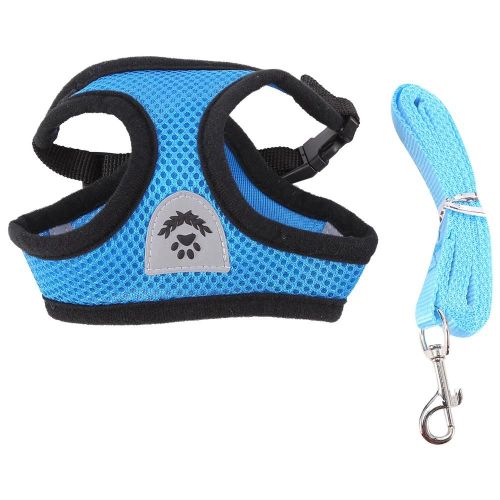 Doux Respirant Maille Chien Animal De Compagnie Harnais Ensemble Chiot Sangle De Marche Gilet Avec Laisse De Plomb (Bleu S)