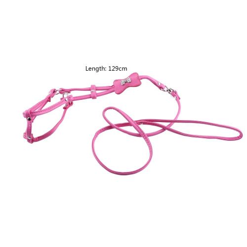 Step-In Pet Chien Chiot Pu Cuir Laisse Plomb Corde Harnais Ensemble Strass Os(Rose S)