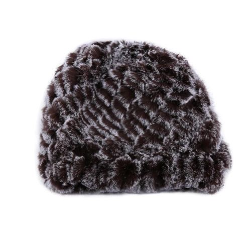 Femmes Tricoté Faux Rex Lapin Fourrure Chapeau Doux Chaud Décontracté Hiver Cap Béret (Café)