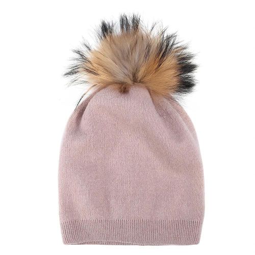 Mode Femmes Fille Tricoté Chapeau Automne Hiver Chaud Faux Raton Laveur Fourrure Pompon Cap(Rose)