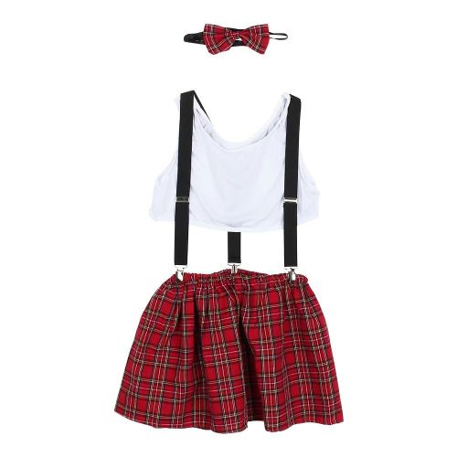 Uniforme Scolaire Fille Cosplay Rouge À Carreaux Noeud Bretelles Crop Top Jupe Plissée Ensemble De Vêtements