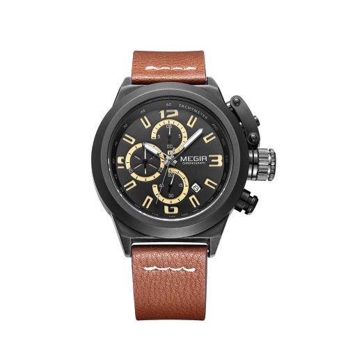 Megir Mode Hommes Métal Étanche Montre Bracelet En Cuir Réglable Accessoire (Noir + Café)
