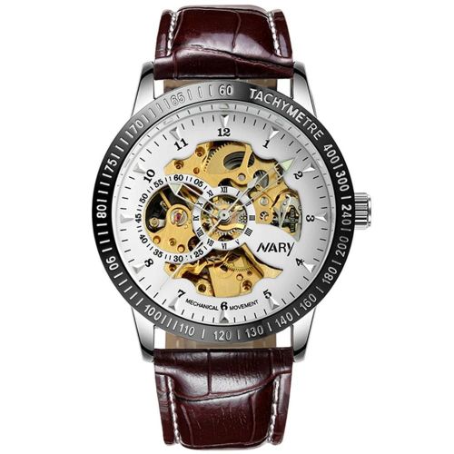 Nary Hommes Mouvement Mécanique Affichage Analogique Cadran Rond Bracelet En Cuir Montre (Marron + Argent + Blanc)