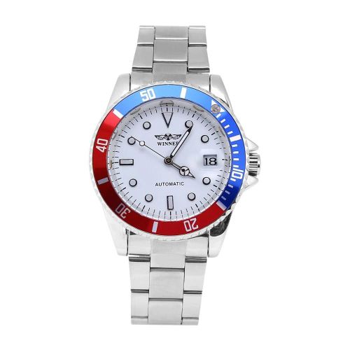 Gagnant Mâle Automatique Montre Mécanique Bracelet Acier Inoxydable Montre-Bracelet Rouge Bleu & Blanc