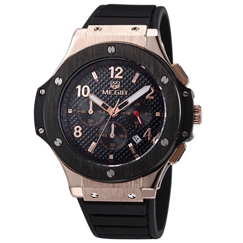 Bracelet En Silicone À Quartz Analogique Mâle Date Sport Watch Montre-Bracelet (Cadran À Bracelet Noir En Or Rose)