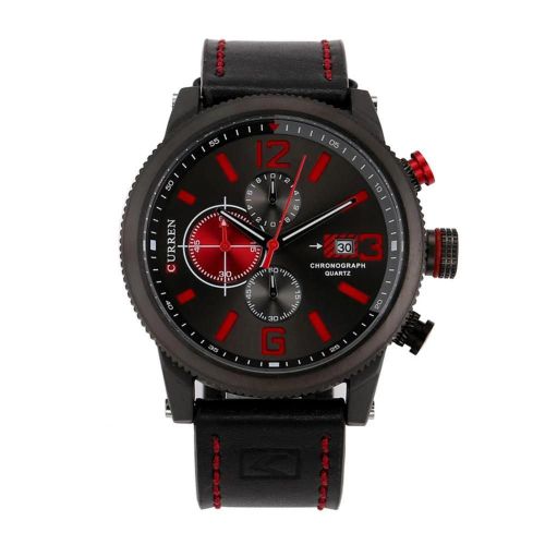 Curren Nouvelle Mode Hommes Quartz Mouvement Cuir Bracelet Montre-Bracelet Montre (Boîtier Noir + Bracelet Rouge)