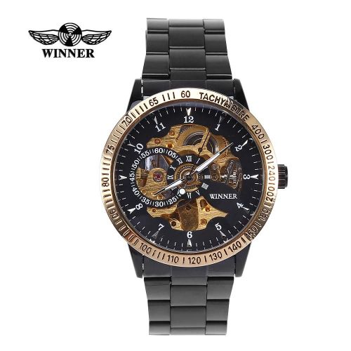 Winner Montre Mécanique Automatique Bracelet En Acier Inoxydable Montre-Bracelet Noir Noir Bracelet Boîtier