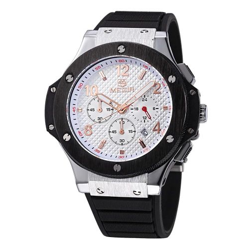 Bracelet En Silicone À Quartz Analogique Date Montre De Sport Montre-Bracelet (Bracelet Noir,Cadran Blanc,Or Rose)