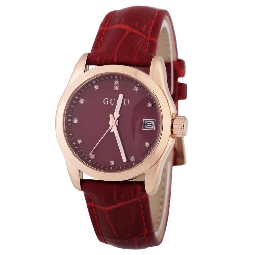 Guou Femelle Quartz Analogique Rond En Cuir Bracelet Date Montre Bracelet (Rouge)