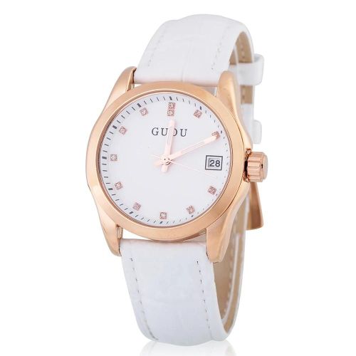 Guou Femelle Quartz Analogique Rond En Cuir Bracelet Date Montre Montre-Bracelet (Blanc)