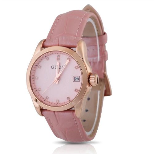 Guou Femelle Quartz Analogique Rond En Cuir Bracelet Date Montre Bracelet (Rose)