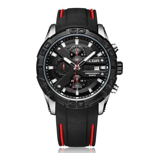 Megir Hommes Chronographe Multifonction Bracelet Silicone Lumineux Mouvement Montre À Quartz (Noir)