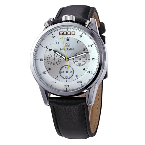 Megir Montre Étanche À La Mode Montre-Bracelet À Quartz Analogique (Bracelet En Cuir Noir,Cadran Blanc)