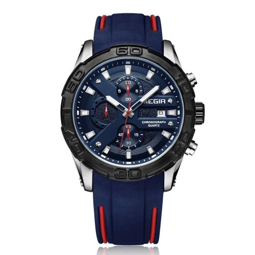 Megir Hommes Chronographe Multifonction Bracelet En Silicone Lumineux Mouvement À Quartz Montre (Bleu + Noir)