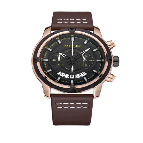 Megir Hommes Casual Cuir Calendrier Montre Quartz Analogique Montre-Bracelet Or Noir Cadran + Bracelet Café