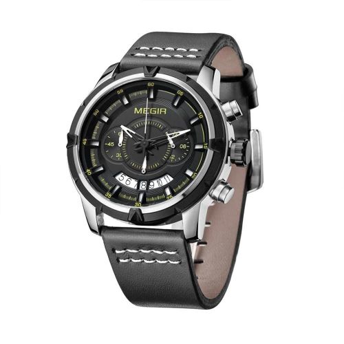 Megir Hommes Casual Cuir Calendrier Montre Quartz Analogique Montre-Bracelet Noir Cadran + Bracelet Café