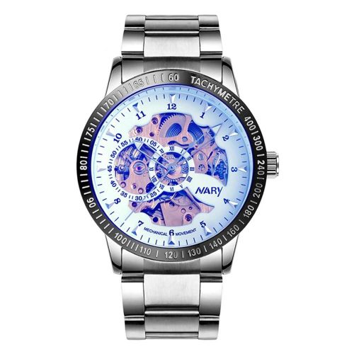 Nary Hommes Bracelet En Acier Inoxydable Étanche Montre Ronde À Mouvement Mécanique (Bleu + Blanc)