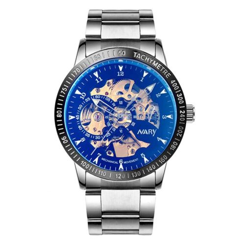 Nary Hommes Bracelet En Acier Inoxydable Étanche Montre Ronde À Mouvement Mécanique (Bleu + Noir)