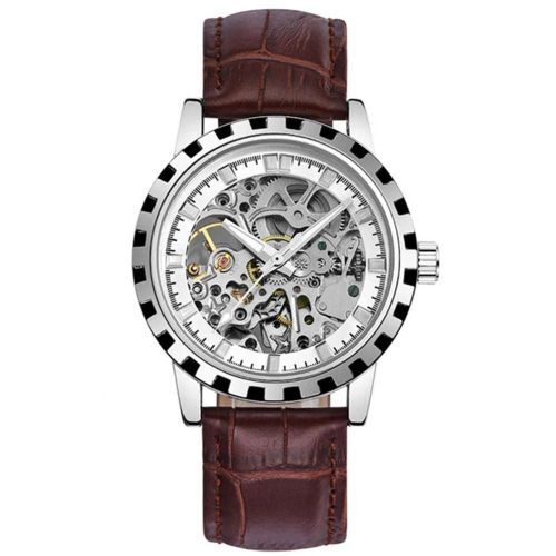 Nary Hommes Mouvement Mécanique Affichage Analogique Cadran Rond Montre À Bracelet Pu (Marron + Blanc)