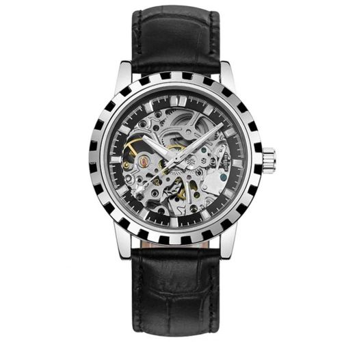 Nary Hommes Mouvement Mécanique Affichage Analogique Cadran Rond Pu Strap Montre (Noir)