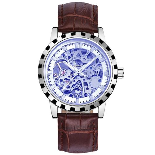 Nary Hommes Mouvement Mécanique Affichage Analogique Cadran Rond Pu Strap Montre (Bleu + Blanc)
